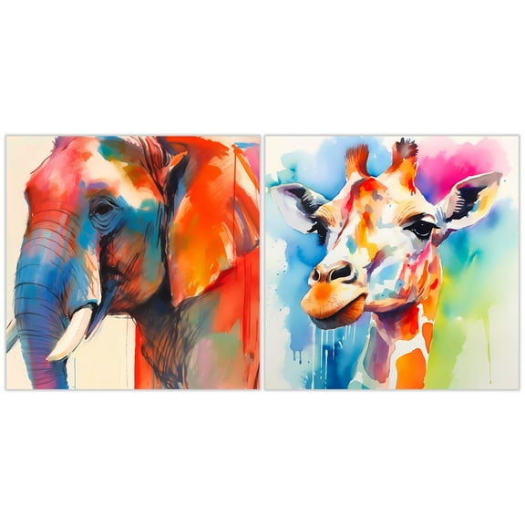 "Vibrant Majesty I & II" Elephant&Giraffe Frameless Reverse Printed Tempered Art Glass Wall Art