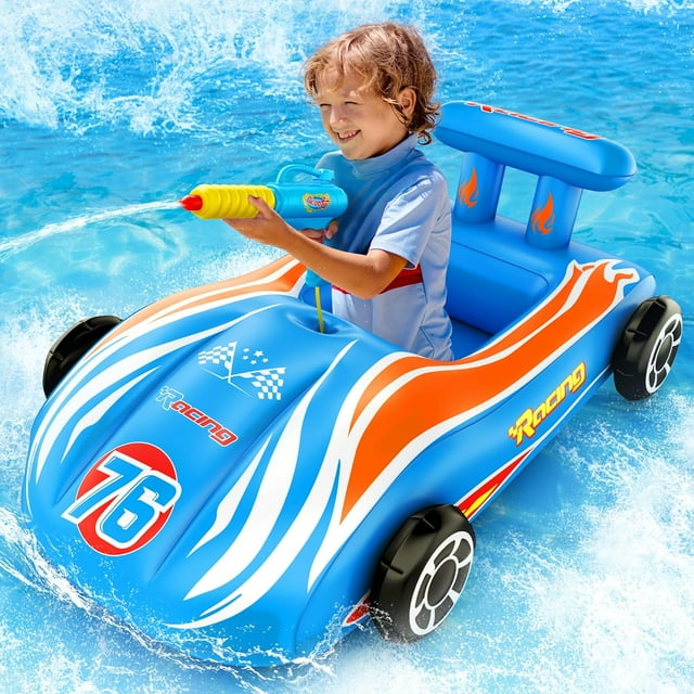 Inflatable Race Car Pool Float with Water Gun - Ride - on Fun for Kids Ages 4 - 8, Summer Outdoor Swimming Pool Toy for Boys & Girls