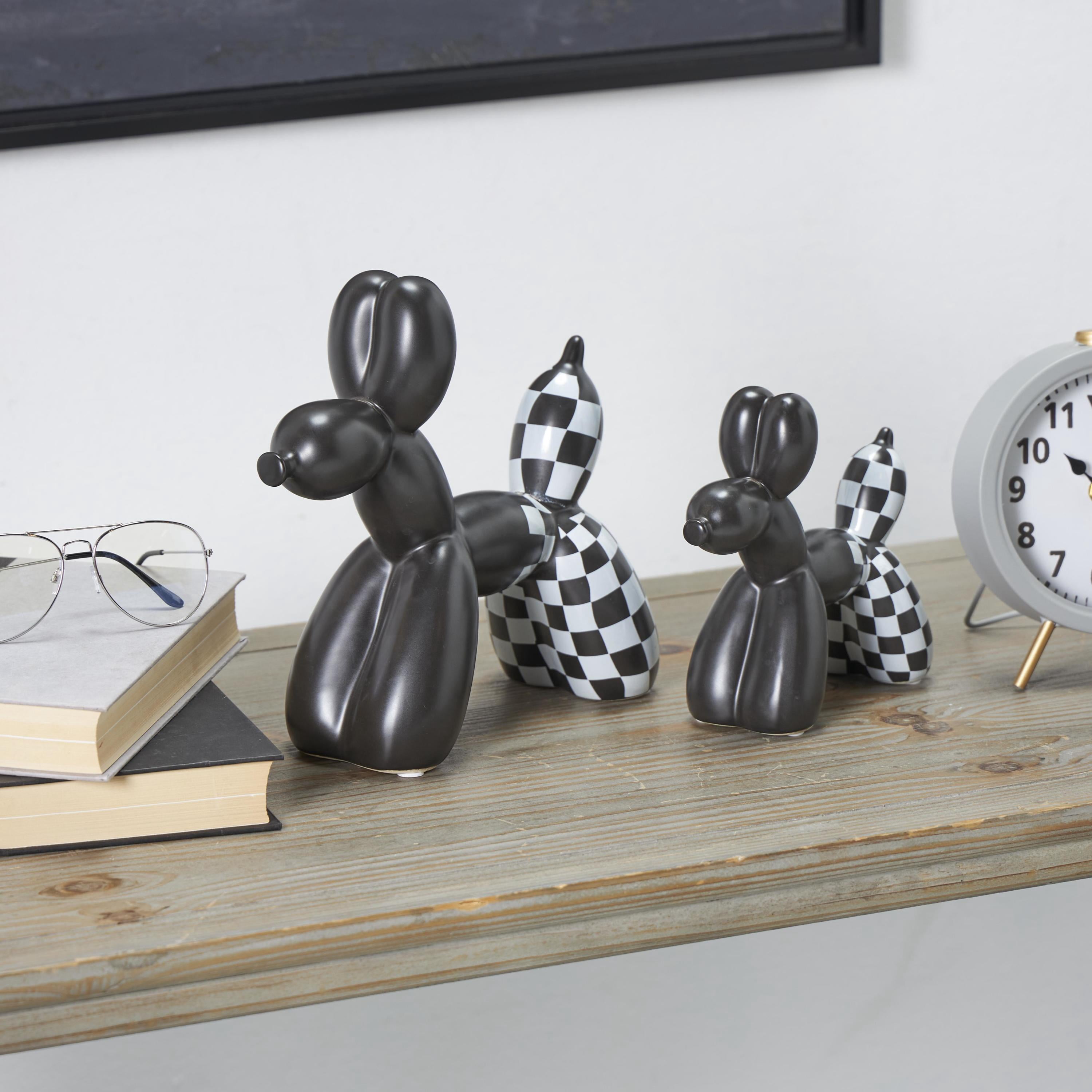 9", 7"H Black Ceramic Balloon Dog Sculpture with Checkered Accents, by DecMode (2 Count)