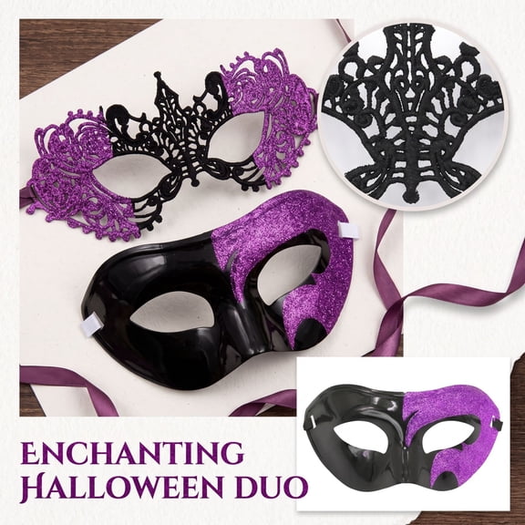 Masquerade Mask for Couples, Lace Masquerade Mask and Classic Half Mask Set, Masks for Masquerade Party, Halloween Masks for Events, Black and Purple 2 Pack