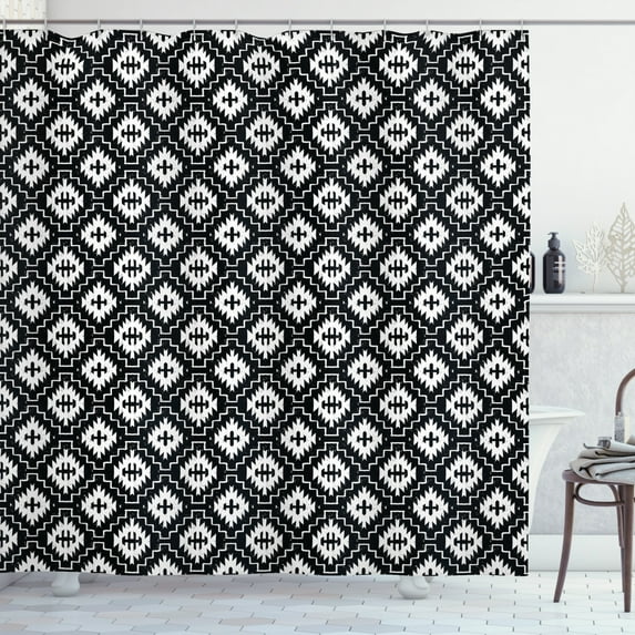 Aztec Shower Curtain, Native Ornamental with Classic Victorian Damask Baroque Effects Ethnic Pattern, Fabric Bathroom Set with Hooks, 69W X 84L Inches Extra Long, Black and White, by Ambesonne