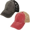 thumbnail image 2 of C.C Ponytail Criss Cross Messy Buns Ponycaps Baseball Cap Dad Trucker Mesh Hat (1 Distressed Black + 1 Distressed Berry), 2 of 2