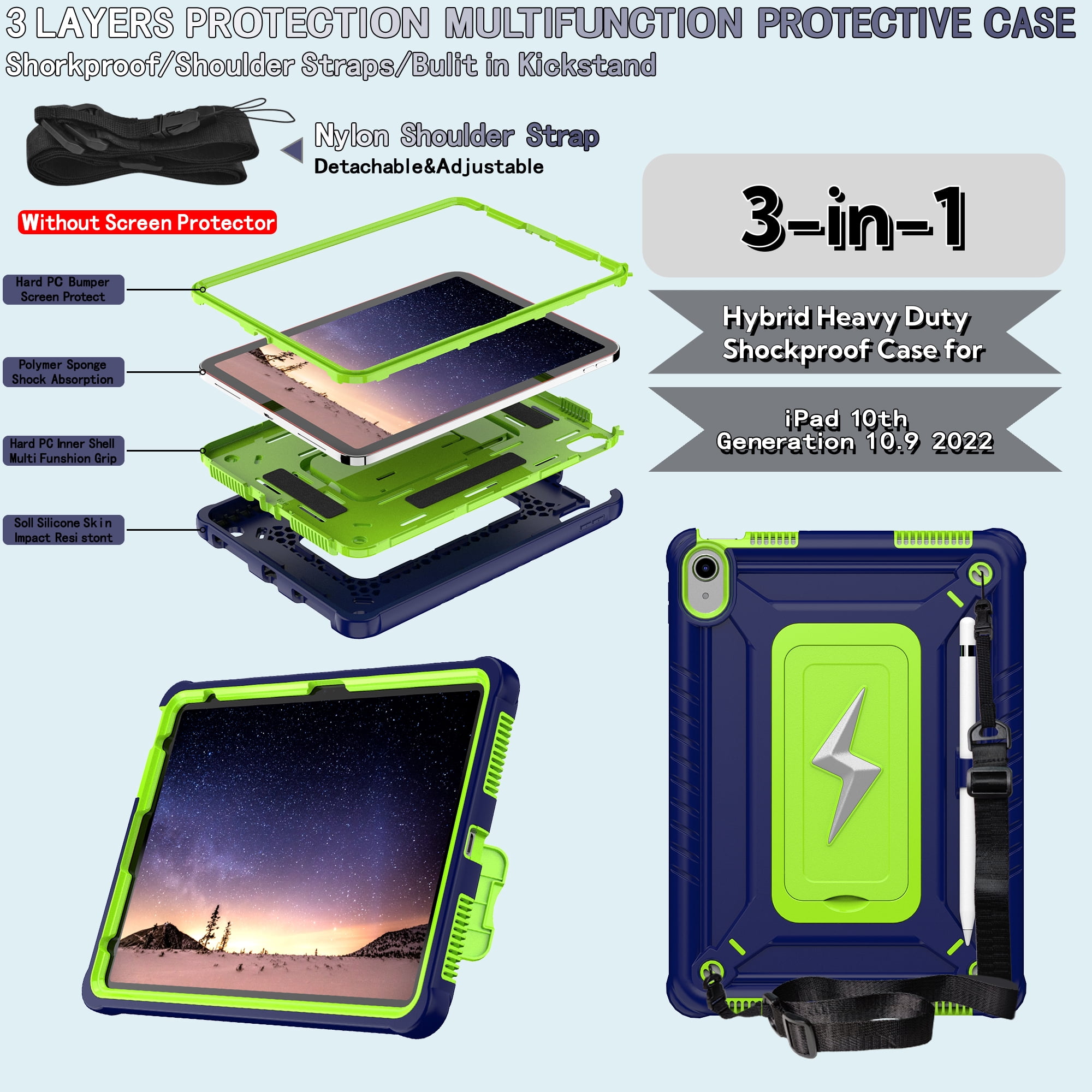 ELEHOLD For iPad Air 3rd Generation 2019 / iPad Pro 2017 10.5 inch ,Rugged Shockproof 3-Layer Kickstand Pencil Holder Protective Case with Shoulder Strap for Kids,Outdoor Travel,Navyblueolivine