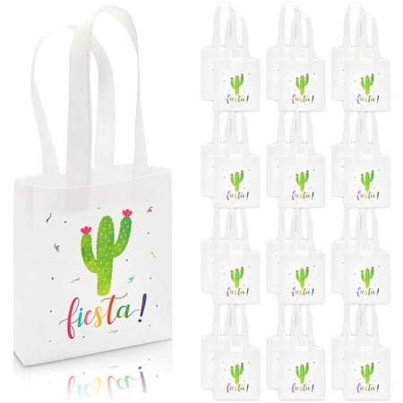 24 Pcs Let's Fiesta Party Small Favor Goodie Bags Gift Canvas Tote, Cactus, 8.5" x 6.8" x 2"
