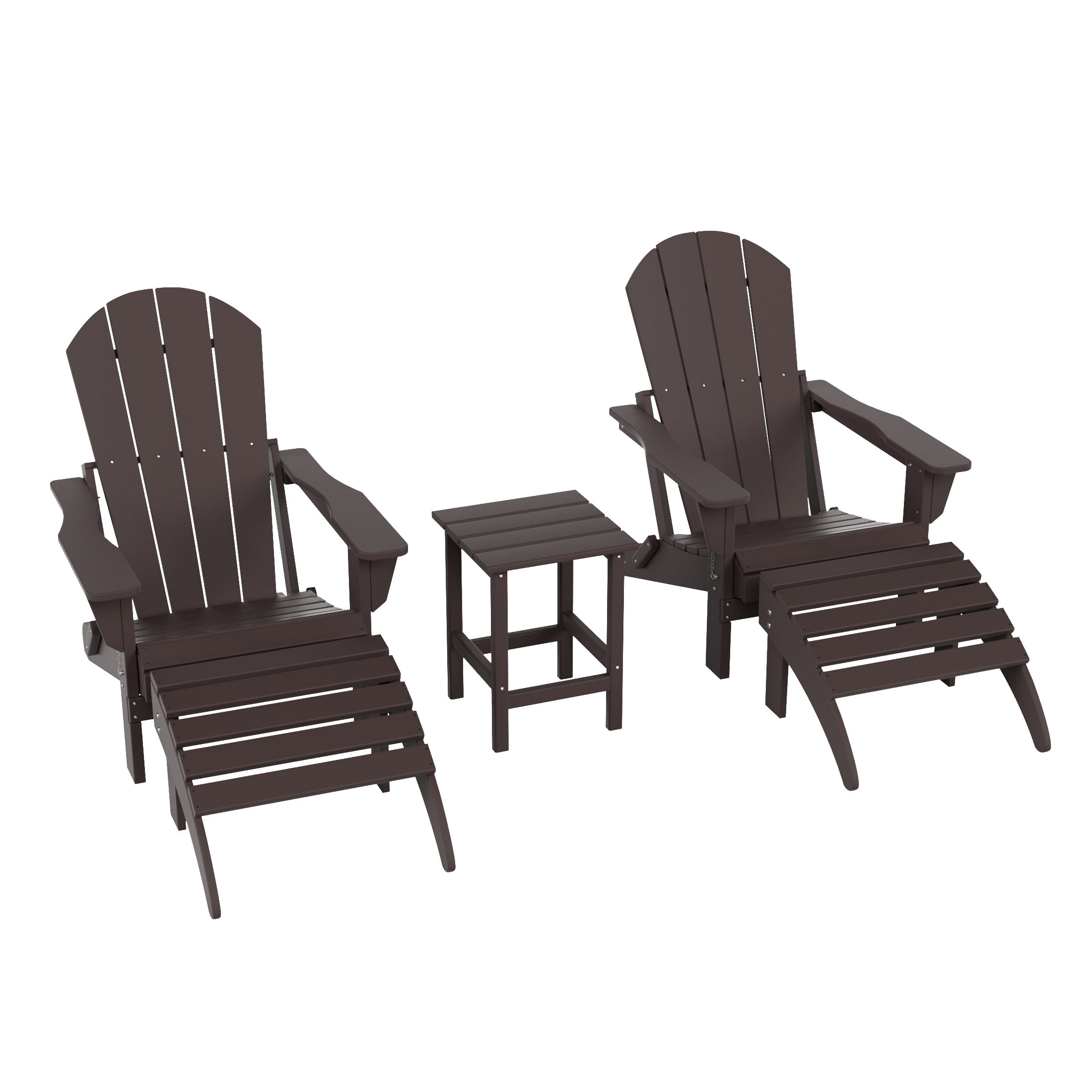 WestinTrends Malibu 5-Piece set classic Adirondack chairs with ottoman and a small coffee table (2 seater), Dark Brown