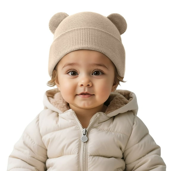 AJGRHE Winter Knitted Hat For Kids With Adorable Bear Ears Soft Stretchy Warm Cap For Boys And Girls Khaki 0-3
