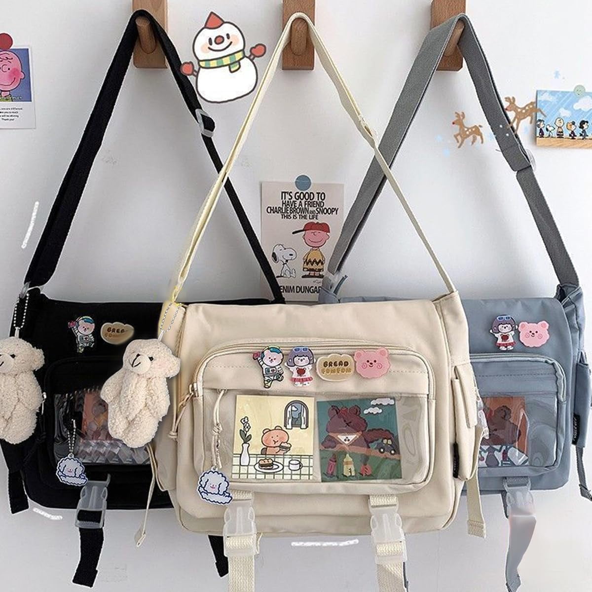 Kwuty Kawaii Crossbody Ita Bag for Women with Pin & Plush Bear - Japanese Messenger Bags Y2K Shoulder Purse（Blue）