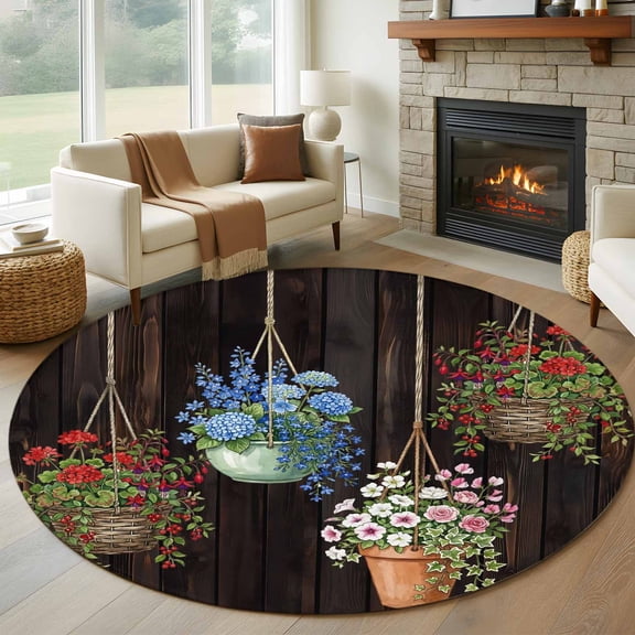 Spring Floral Round Area Rug 7Ft Washable Circle Rugs for Dorm Laundry Room, Wooden Flowers Elegant Pastoral Botanical Non-Slip Carpet Floor Mats Indoor Outdoor Carpet Runner Aesthetic Home Decor