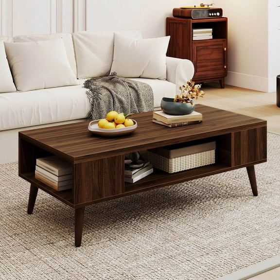 DRAZUNO 42” Rectangular Center Table w/Open Compartment & 2 Side Storage Shelves, Walnut