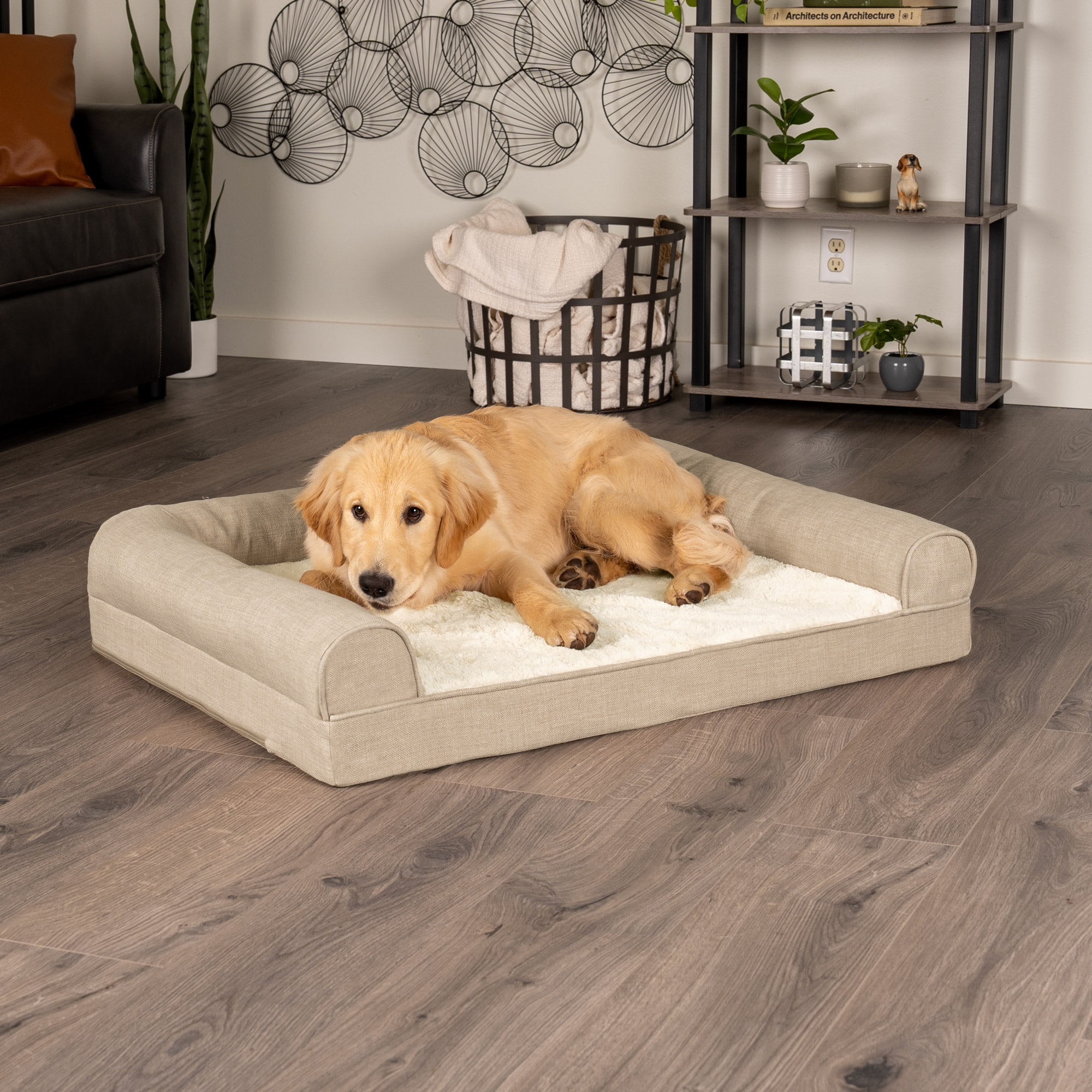 FurHaven Plush & Performance Linen Orthopedic Sofa Pet Bed for Dogs & Cats - Flax, Large