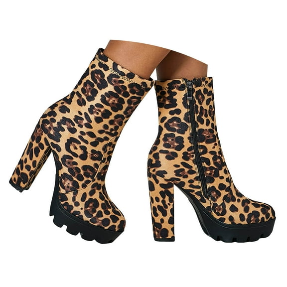 Dakaela High Heel Ankle Boots for Women Round Toe Leopard Short Booties Platform Chelsea Dress Pumps