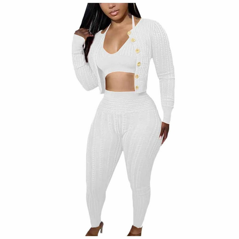 Women Ribbed Knit 3 Piece Outfits Crop Tops Long Sleeve Cardigan  