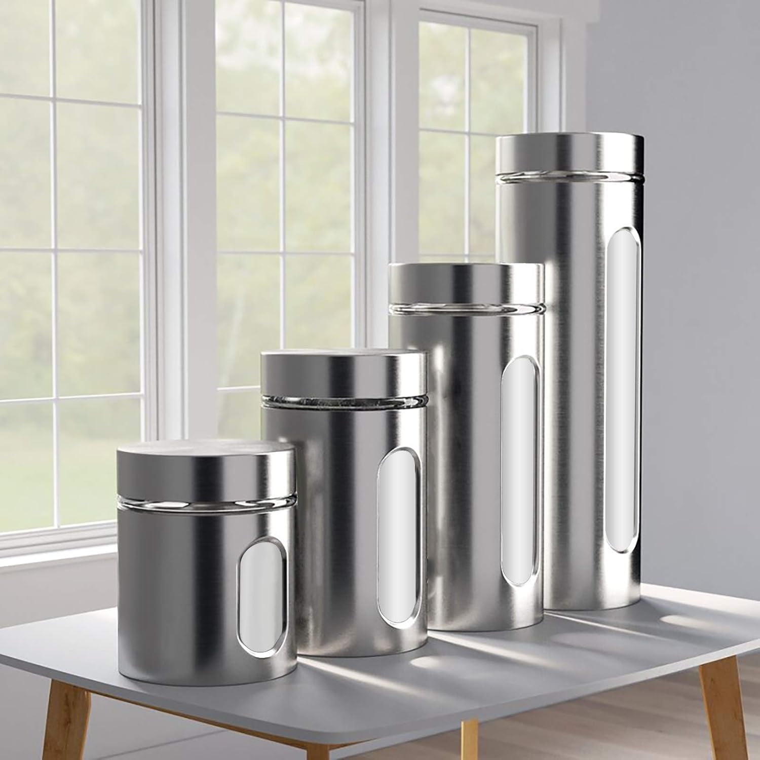 Quality 4pc Stainless Steel Canister Set for Kitchen Counter with Glass Window & Airtight Lids, Food Storage Containers, Pantry Storage & Organization Set for Coffee, Flour, Pasta