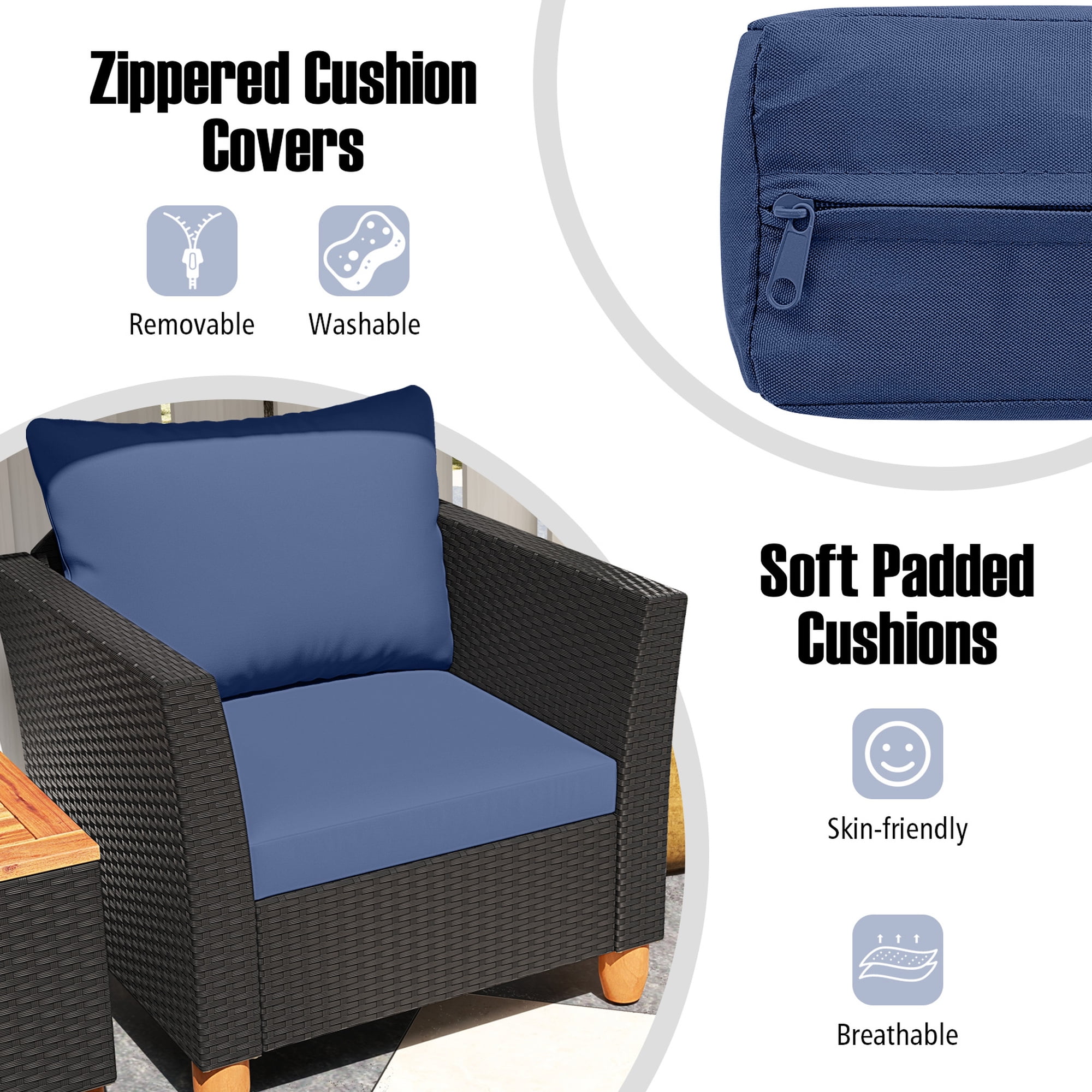 Costway 3PCS Outdoor Patio Rattan Furniture Set Wooden Table Top Cushioned Sofa Navy