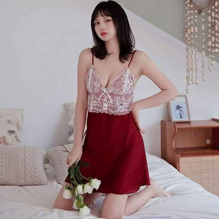 YCNYCHCHY Sexy Sleepwear Lace Night Dress Womens Nightgown Negligee Satin Lingerie Dress Summer Dressing Gown Nightwear Nightie