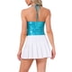 thumbnail image 3 of Camiseta metálica sin espalda para mujer Inspire Chic, con tirantes asimétricos y halter, top brillante, talla L, azul cielo, 3 of 6