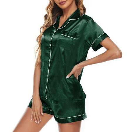 

Buttoned 2-piece Silk Pajama Set For Women - Buttoned Silk Pjs Pj Set Short Sleeve Button-Down Tops And Shorts Soft Breathable Fabric