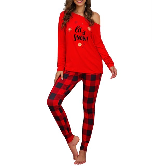 Conjunto de pijama para mujer, con un hombro, manga larga, estampado navideño, pantalones de rejilla, conjunto de pijama para la vida diaria, rojo, XXXL