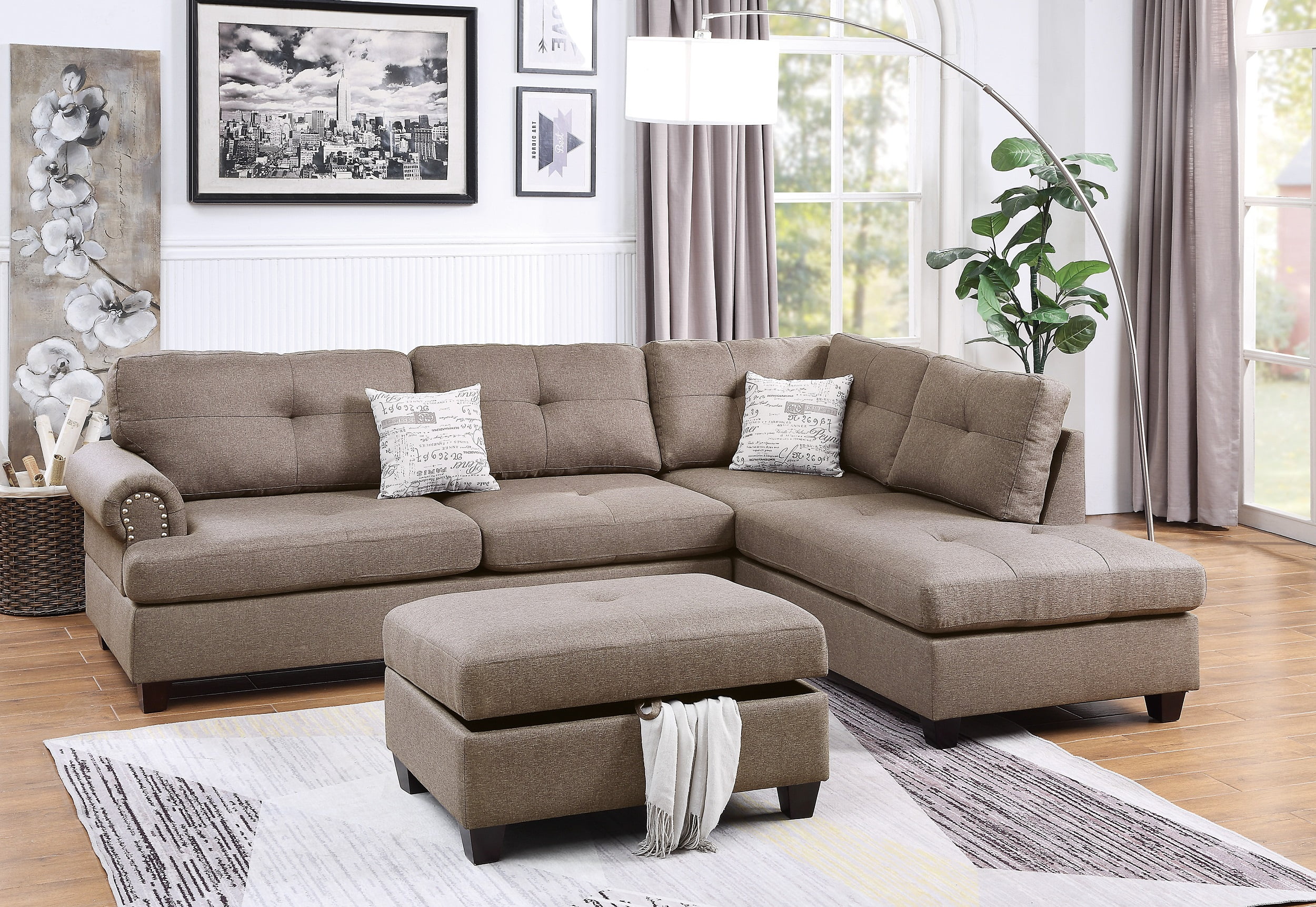 Mocha Color Reversible L R Sectional Sofa set Polyfiber 