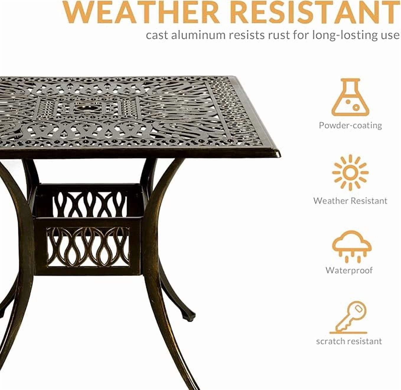 W WARMHOL 5-Piece Outdoor Patio Dining Set, All-Weather Cast Aluminum Patio Furniture Set for Backyard Garden Deck with 4 Chairs, 4 Cushions and 35.4” Square Table, 2.2" Umbrella Hole, Red