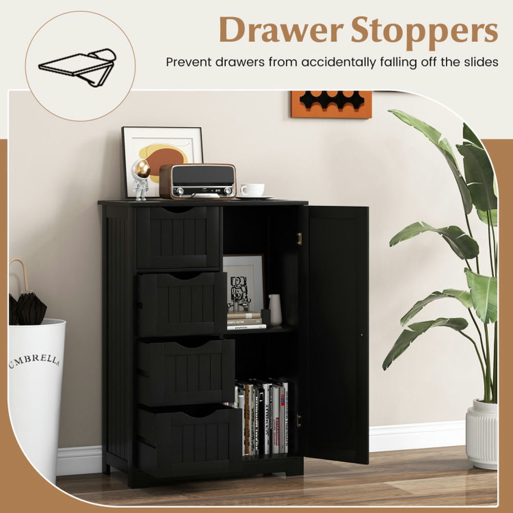 Finihen Storage Cabinet, Floor Cabinet, Standing Indoor Wooden Cabinet with 4 Drawers, for Bathroom, Living Room, Bedroom, Kitchen, Living Room, Bedroom, Kitchen, Black