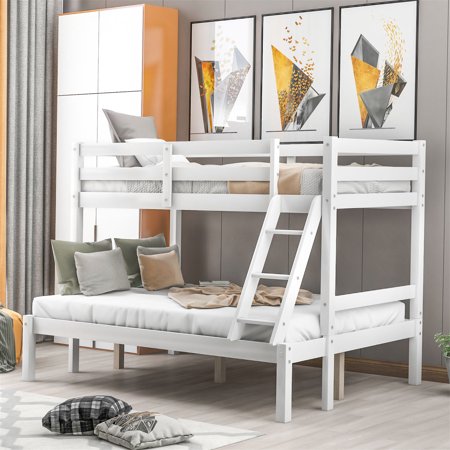 Twin Over Full Bunk Bed  Solid Wood Bunk Bed Frame with Safety Full-length Guardrail & Ladder  3 in 1 Convertible Bunk Bed for Teens Guests Adults  No Box Spring Needed  White