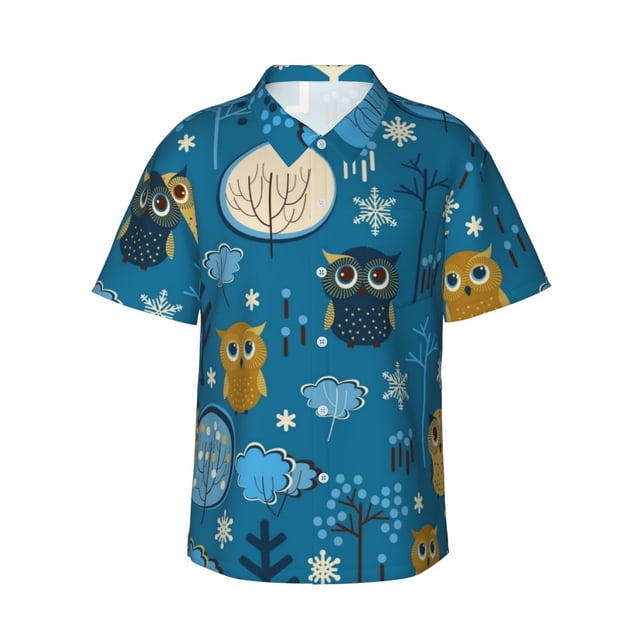 Balery Cute Colorful Owls And Trees Camisas hawaianas de manga corta para hombre, camisas playeras de corte holgado, camisas de vacaciones con botones,Large
