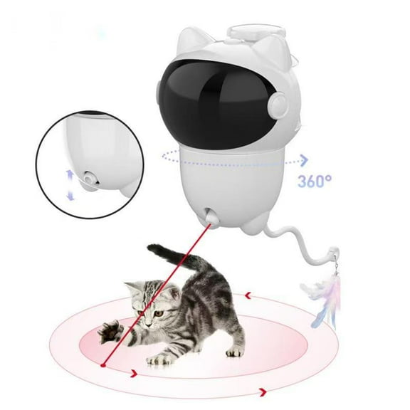 360° Rotating Laser Feather Cat Toy with 4 Replacement Pendents, White & Black Cat Head