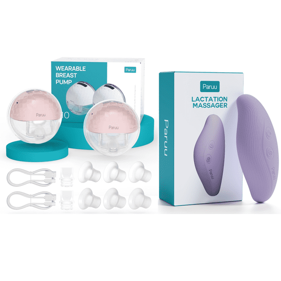 Paruu Wearable Breast Pump Hands-Free, Portable Breast Pump,Electric Breast Pump with 4 Modes & 9 Levels and Paruu Warming 2-in-1 Lactation Massager, Multiple Modes of Heat Vibration for Clogged Mi