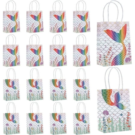 1 set 20Pcs 2 Style Rectangle Foldable Creative Kraft Paper Gift Bag Cartoon Pattern Gift Bag with Handle Mermaid Paper Treat Bags for Themed Party Decorations