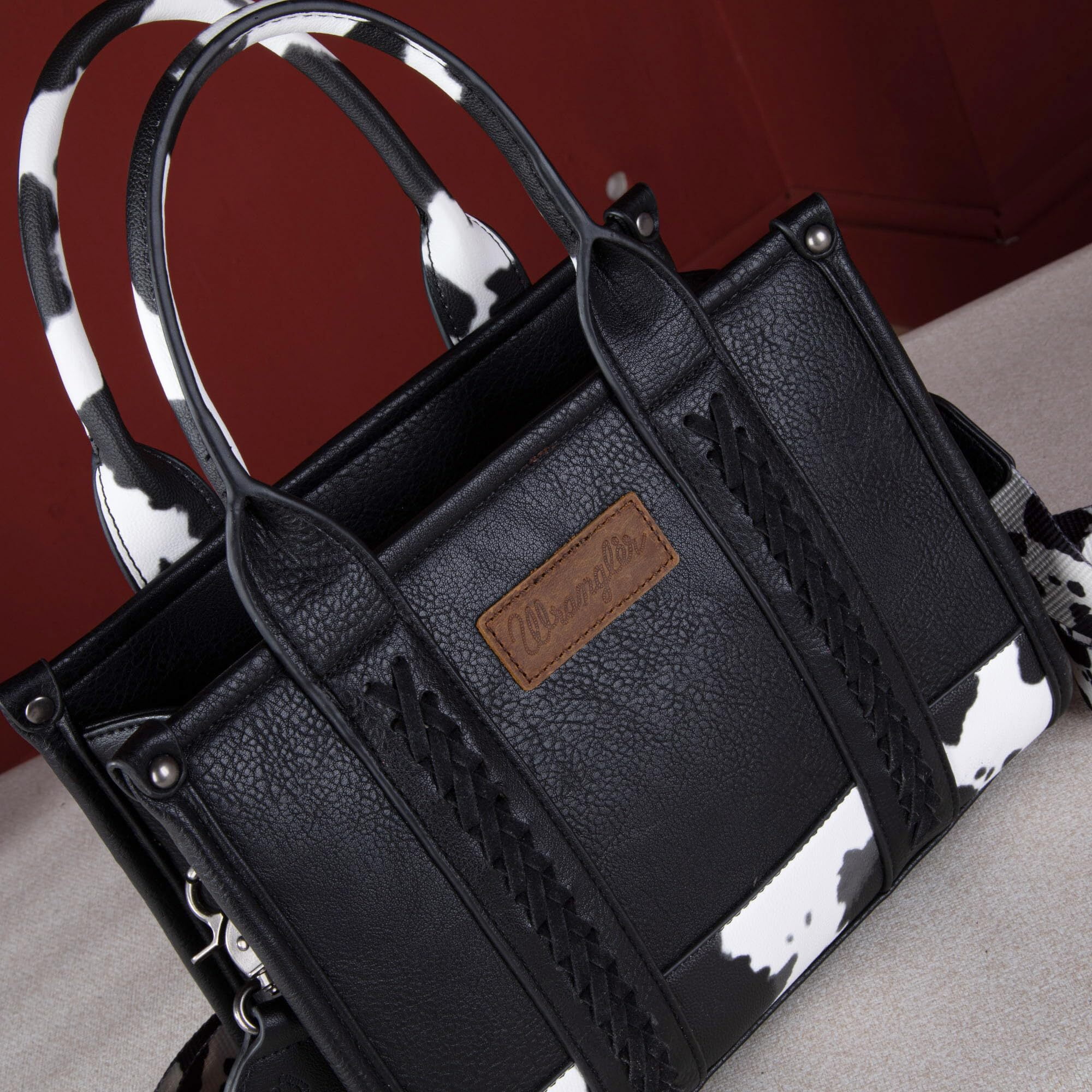 Wrangler Purse Medium Tote Bags for Women with Card Holder Wallet Designer Satchel Top-handle Handbags, Cow Print-Black