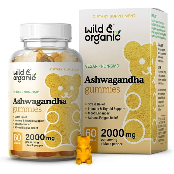 Wild & Organic Ashwagandha Gummies - Stress Relief Gummy - Mood & Immune Support, 60 Chews