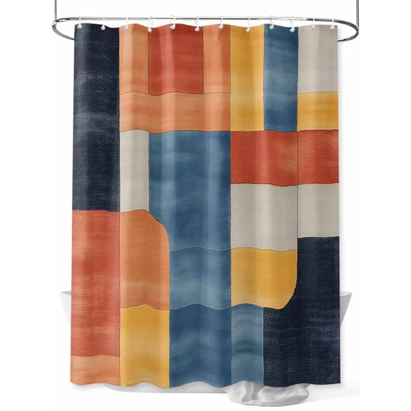 Abstract Stitching Shower Curtain, White Orange Blue Fluid Wash Art Waterproof Shower Curtain Set with 12 Hooks Lightweight Washable Fabric Shower Curtains for Bathroom 72x72 Inches