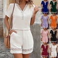 thumbnail image 2 of Solid Lace Patchwork 2 Piece Outfit, Women Summer Short Sleeve Top & Shorts Set, 2 of 7