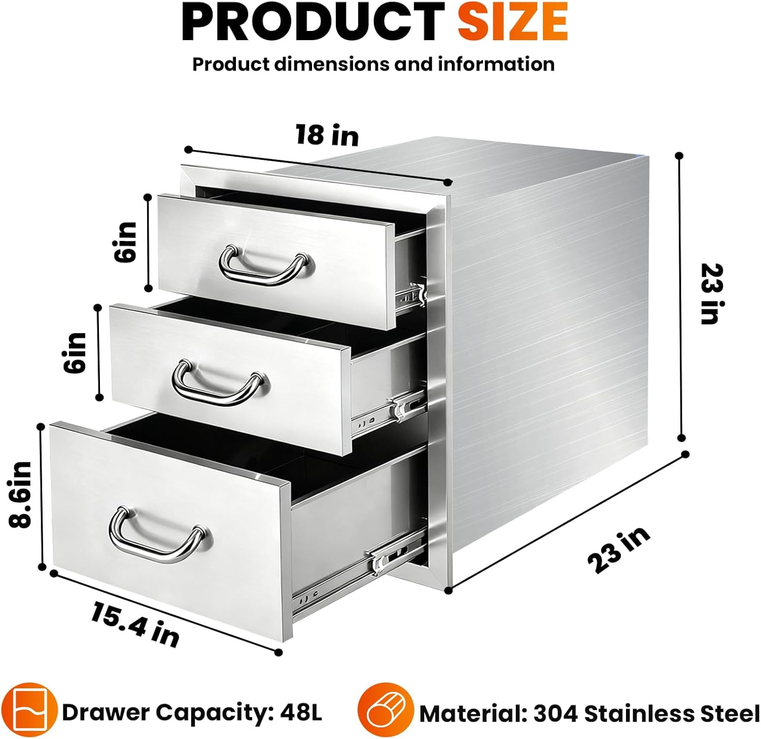 Stainless Steel Flush Mount BBQ Drawer, 18''W x 23''H x 23''D Outdoor Kitchen Cabinets, 3-Drawer BBQ Drawers with 3 x 48LBS/Tier Design for BBQ Island, Grill Area