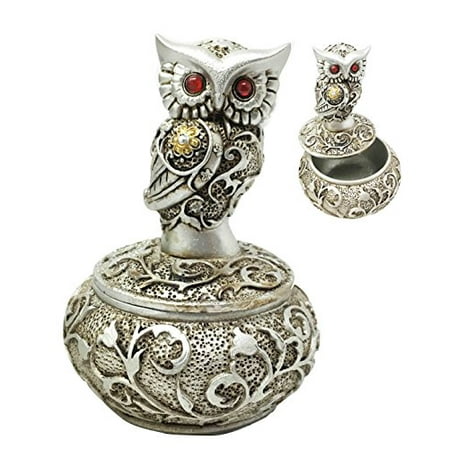 Silver And Bronze Colored Steampunk Ancient Owl With Red Gem Eyes Jewelry Box Figurine