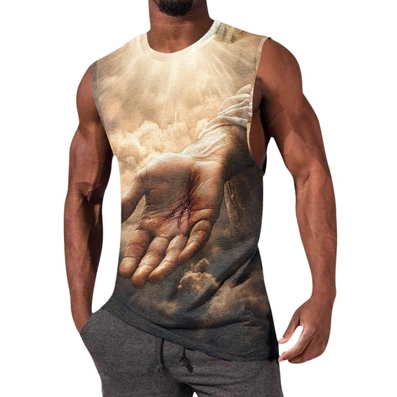 LEKWK Men's Graphic Tank Tops Sleeveless Crew Neck Muscle Shirts 3D Print Jesus Hand Vest Summer Gym Workout Athletic Tees Breathable Casual Holiday Tops