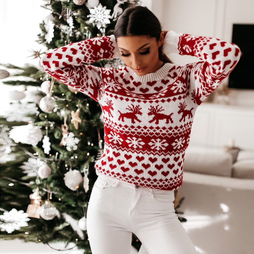New Women's Long Sleeve Elk Snowflake Sweater Jumper Pullover Tops Outwear Xmas
