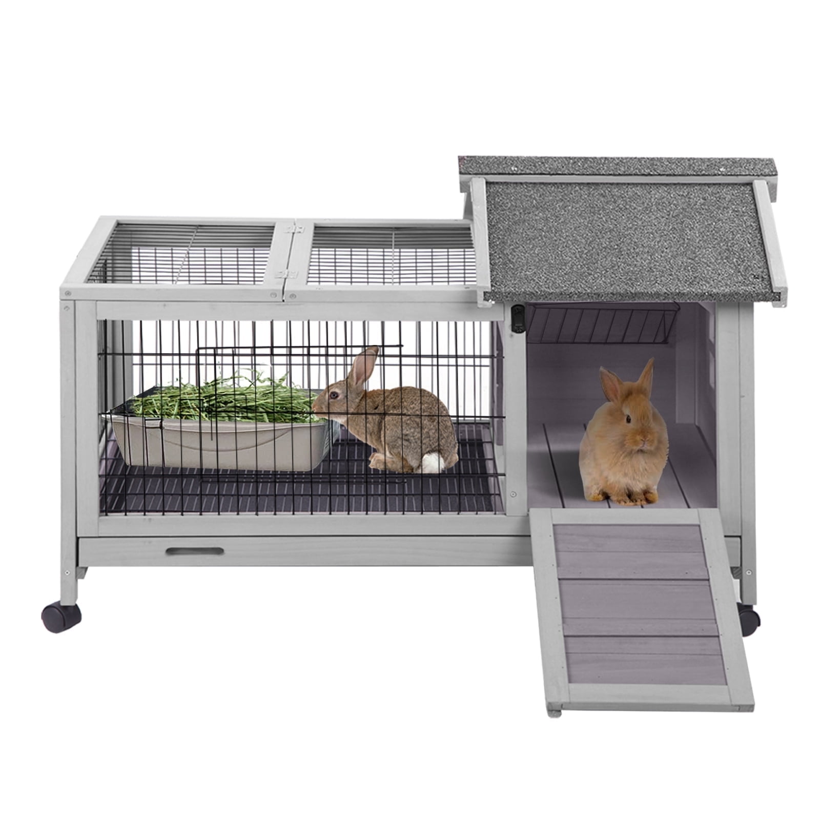 MEDEHOO Rabbit Cage with Wheels Bunny Hutch w/ Leak-Proof Tray, Rabbit Hutch for Outdoor and Indoor with Rest and Activity Area