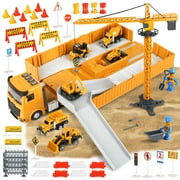 Huge Wave Construction Vehicles Boys Toy Playsets, Construction Truck with 6 Alloy Cars, Sounds and Lights, Kids Christmas & Birthday Gifts for 3 4 5 6 Years Old Boys