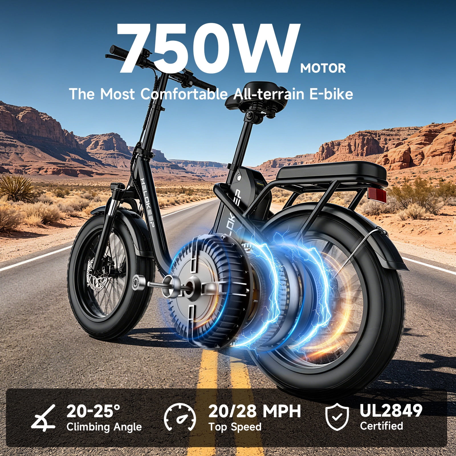 Helokeep 16" Fat Tire Wheel Step-Thru Folding Electric Bike for Women, 1200W Peak, 30 Miles Range, 25MPH, 48V 10Ah Battery, UL2849 Certified, Black