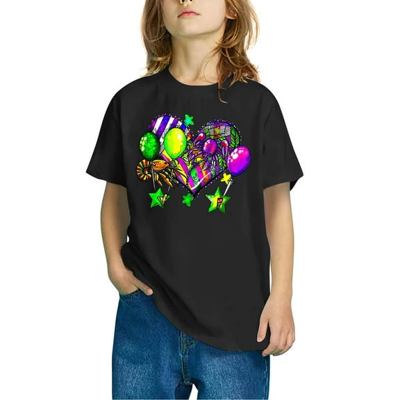 Spazoro Toddler Child Girls Casual T-Shirts Tee, Crew Neck Mardi Gras Print Short Sleeve Summer Fashion Loose Tops Trousers for Girls Black Size 3 T