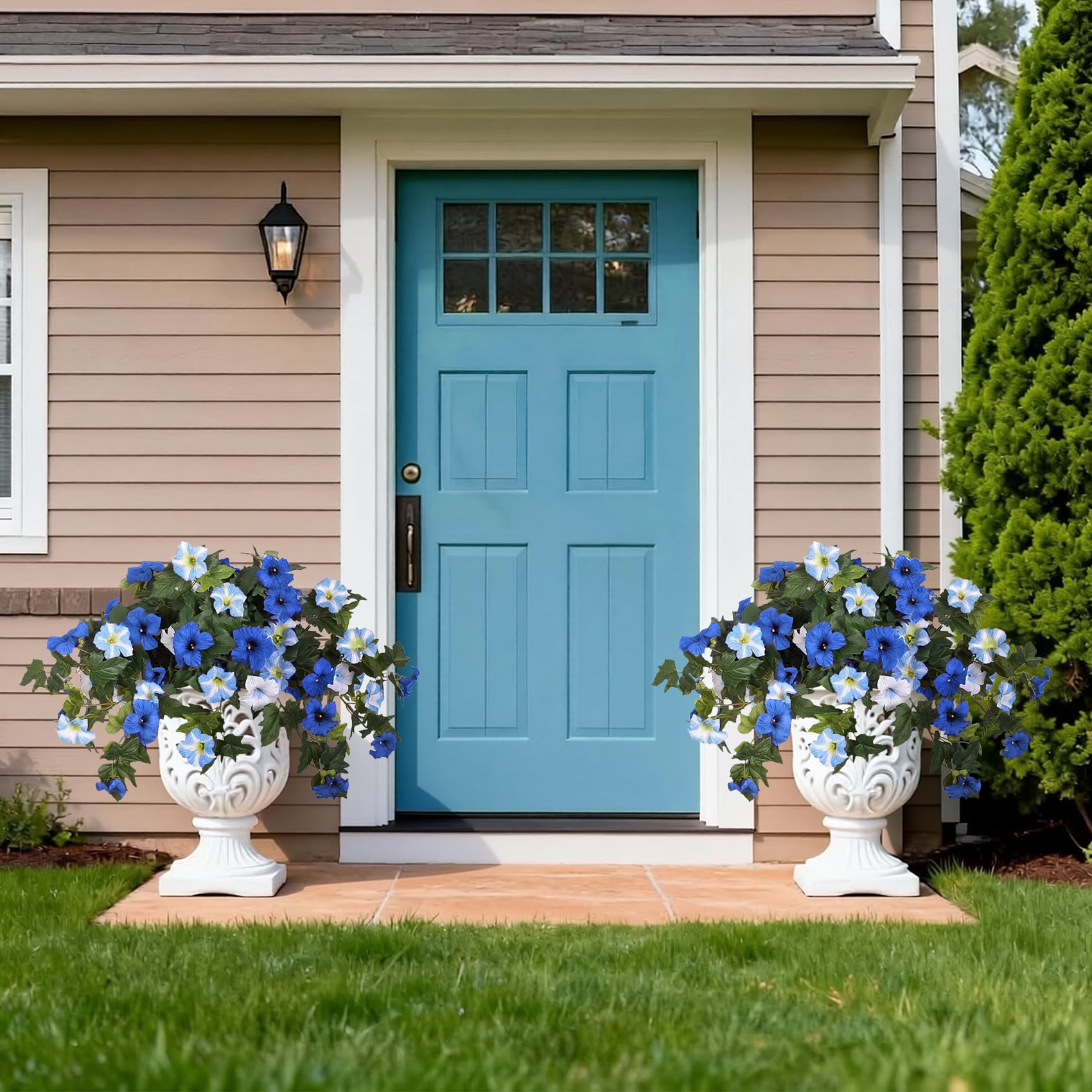 Scidweet Fake Artificial Flowers for Outdoor, 2Pcs Faux Petunias Silk Flowers Plants for Home Outside Garden Balcony Yard Front Porch Indoor Decor, Blue White
