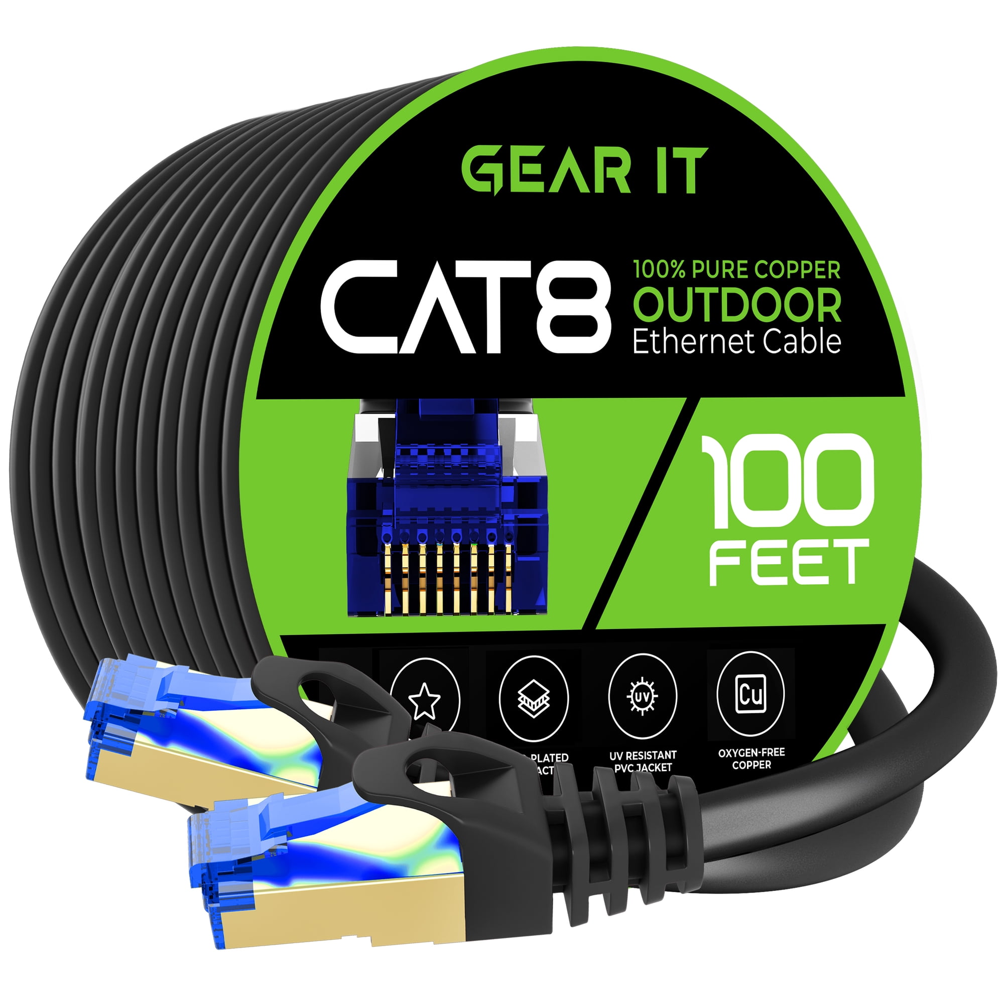 GEARit Cat8 Ethernet Cables, Waterproof, Direct Burial, LLDPE UV Jacket, Pure Copper, 26AWG, 40Gbps, Black, 100 ft