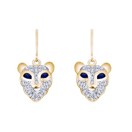 Round Shape Simulated Blue Sapphire With White CZ Lion Face Dangle Earrings In 14K White Gold Over Sterling Silver