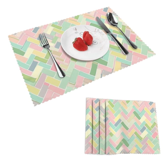 DouZhe Polyester Placemats Set of 4, Pink Pastel Zigzag Pattern Heat Resistant Place Mats for Dining Table, 12" x 18"
