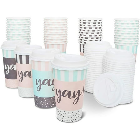 48 Pack Disposable 16oz Coffee Cups with Lids - YAY Party Supplies - Paper To Go Cup for Themed Birthday Party, Wedding, Baby Shower