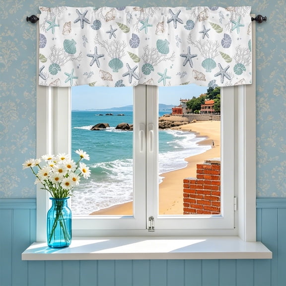 Beach Themed Rod Pocket Kitchen Curtains,Coastal Starfish Tier and Valance Curtains,Light Filtering Short Window Treatments for Bathroom,Bedroom,Living Room and Cafe