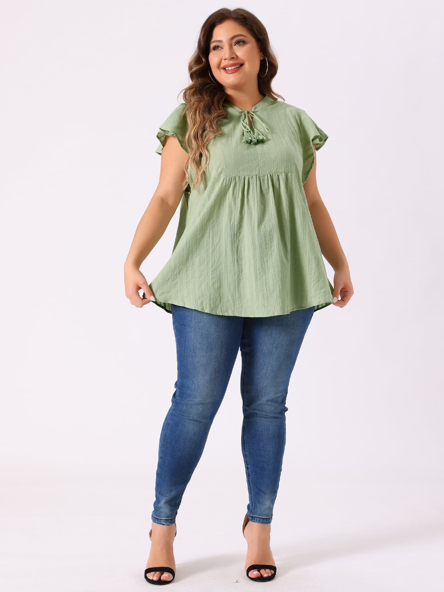 DARING DIVA Women's Plus Drawstring Split V Neck Flutter Sleeve Tunic Top 1X Green