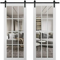 Sturdy Double Barn Door with Clear Glass 12 lites | Felicia 3355 Matte White | 13FT Rail Hangers Heavy Set | Solid Panel Interior Doors